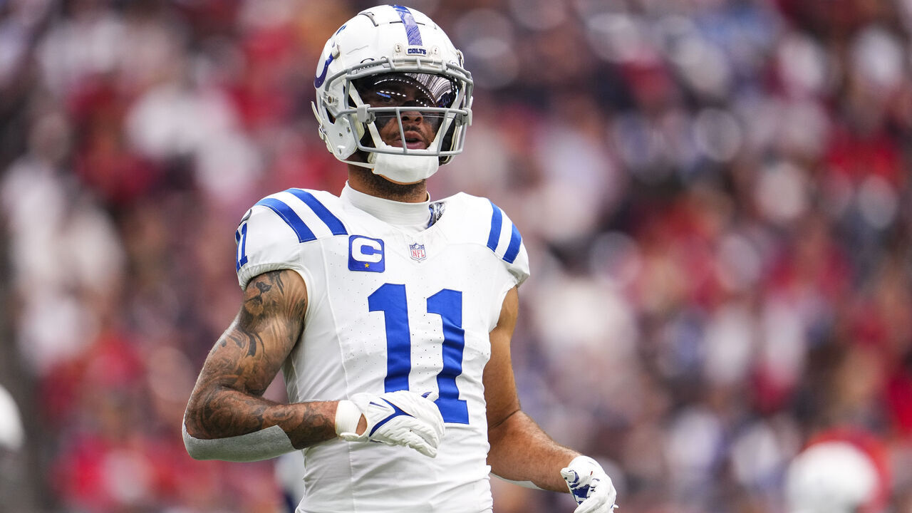 HOUSTON, TX - OCTOBER 27: Michael Pittman Jr. #11 of the Indianapolis Colts looks on from the field during an NFL football game against the Houston Texans at NRG Stadium on October 27, 2024 in Houston, Texas.