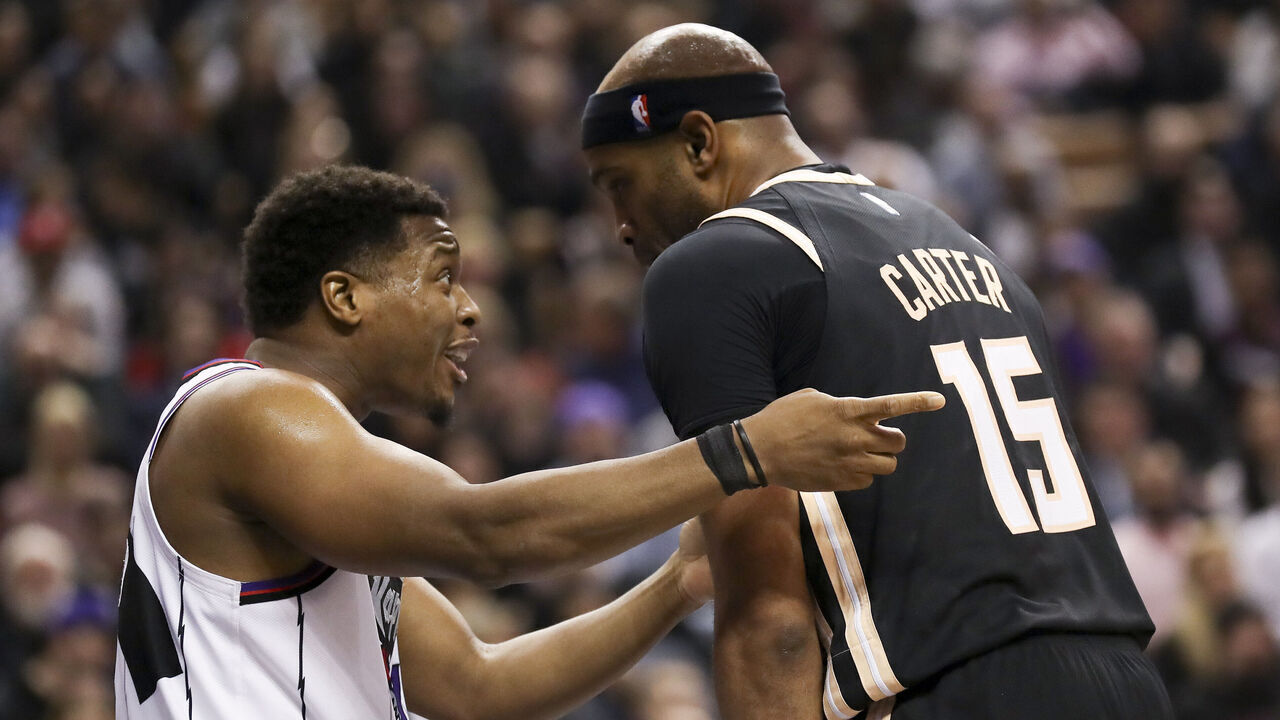 TORONTO, ON - January 28 In first half action, Atlanta Hawks guard Vince Carter (15) and Toronto Raptors guard Kyle Lowry (7) have a chat during a break in play. The Toronto Raptors took on the Atlanta Hawks at the Scotiabank Arena in NBA basketball action. January 28, 2020 (Richard Lautens/Toronto Star via Getty Images)