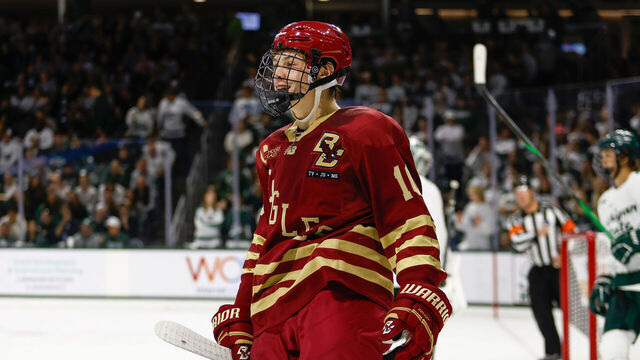 EAST LANSING, MI - OCTOBER 11: James Hagens #10 of Boston College is all smiles after his assist during a game between Boston College and Michigan State University at Munn Ice Arena on October 11, 2024 in East Lansing, Michigan.
