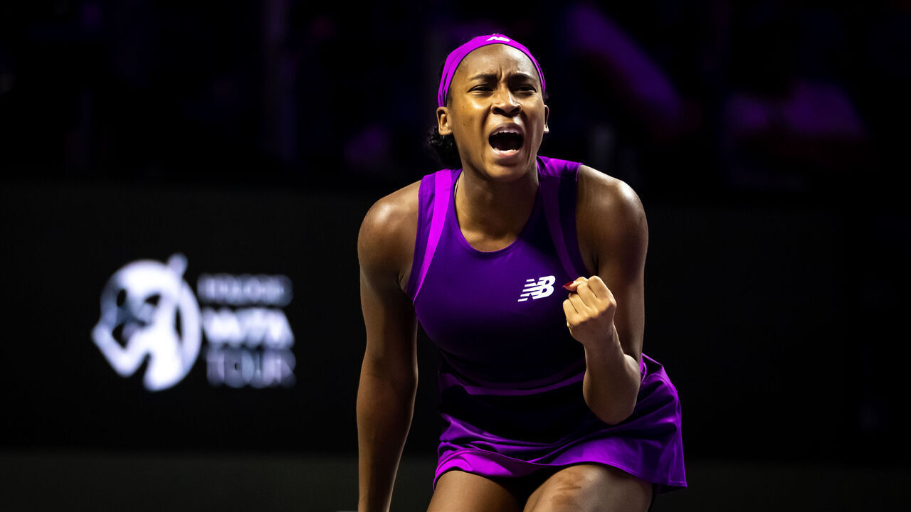 RIYADH, SAUDI ARABIA - NOVEMBER 08: Coco Gauff of the United States reacts while playing against Aryna Sabalenka in the semi-final on Day 7 of WTA Finals Riyadh as part of the Hologic WTA Tour 2024 at King Saud University Indoor Arena on November 08, 2024 in Riyadh, Saudi Arabia