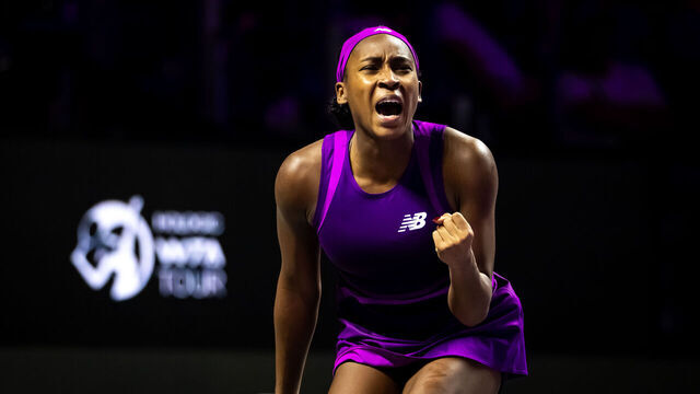 RIYADH, SAUDI ARABIA - NOVEMBER 08: Coco Gauff of the United States reacts while playing against Aryna Sabalenka in the semi-final on Day 7 of WTA Finals Riyadh as part of the Hologic WTA Tour 2024 at King Saud University Indoor Arena on November 08, 2024 in Riyadh, Saudi Arabia