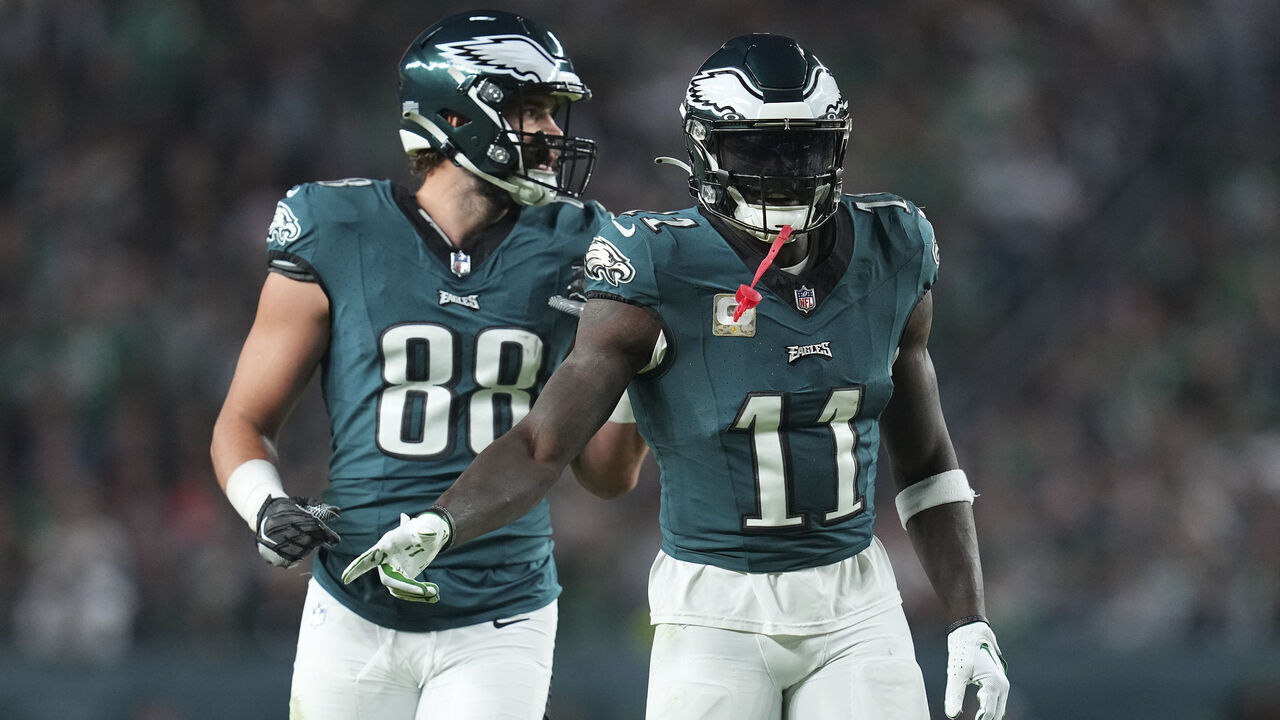 PHILADELPHIA, PENNSYLVANIA - NOVEMBER 5: A.J. Brown #11 and Dallas Goedert #88 of the Philadelphia Eagles in action against the Dallas Cowboys at Lincoln Financial Field on November 5, 2023 in Philadelphia, Pennsylvania.
