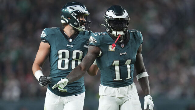 PHILADELPHIA, PENNSYLVANIA - NOVEMBER 5: A.J. Brown #11 and Dallas Goedert #88 of the Philadelphia Eagles in action against the Dallas Cowboys at Lincoln Financial Field on November 5, 2023 in Philadelphia, Pennsylvania.