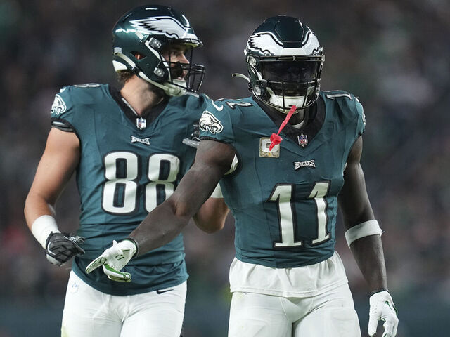 PHILADELPHIA, PENNSYLVANIA - NOVEMBER 5: A.J. Brown #11 and Dallas Goedert #88 of the Philadelphia Eagles in action against the Dallas Cowboys at Lincoln Financial Field on November 5, 2023 in Philadelphia, Pennsylvania.