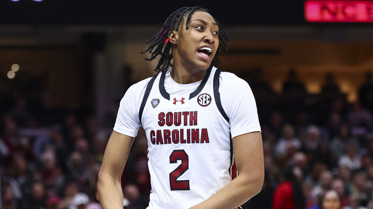 CLEVELAND, OHIO - APRIL 5: Ashlyn Watkins #2 of the South Carolina Gamecocks reacts against the NC State Wolfpack during the NCAA Women's Basketball Tournament Final Four semifinal game at Rocket Mortgage Fieldhouse on April 5, 2024 in Cleveland, Ohio.