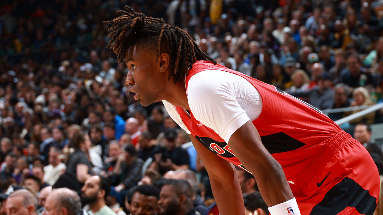 TORONTO, CANADA - NOVEMBER 1: Ja'Kobe Walter #14 of the Toronto Raptors looks on during the game against the Los Angeles Lakers on November 1, 2024 at the Scotiabank Arena in Toronto, Ontario, Canada. Mandatory Copyright Notice: Copyright 2024 NBAE