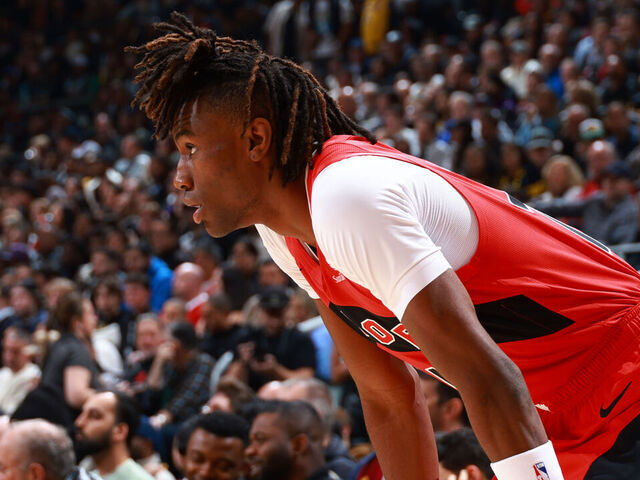 TORONTO, CANADA - NOVEMBER 1: Ja'Kobe Walter #14 of the Toronto Raptors looks on during the game against the Los Angeles Lakers on November 1, 2024 at the Scotiabank Arena in Toronto, Ontario, Canada. Mandatory Copyright Notice: Copyright 2024 NBAE