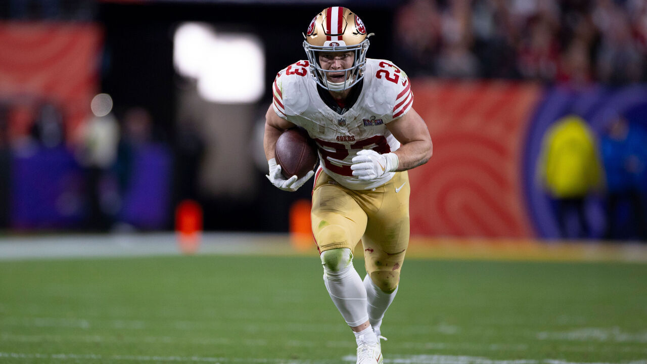 LAS VEGAS, NV - FEBRUARY 11: Christian McCaffrey #23 of the San Francisco 49ers heads to the end zone on a 21-yard touchdown catch during Super Bowl LVIII against the Kansas City Chiefs at Allegiant Stadium on February 11, 2024 in Las Vegas, Nevada. The Chiefs defeated the 49ers 25-22.
