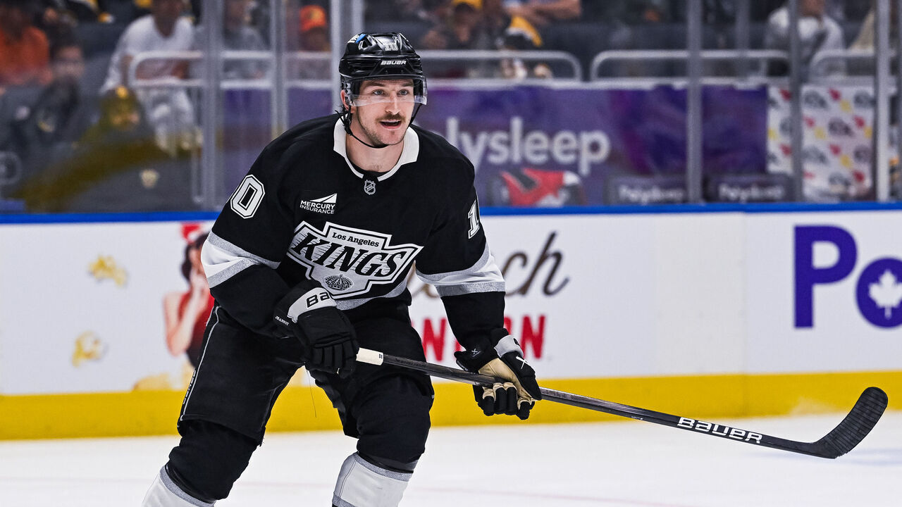 QUEBEC CITY, CANADA - OCTOBER 03: Tanner Jeannot #10 of the Los Angeles Kings skates during the third period in a pre-season NHL game at Videotron Centre on October 03, 2024 in Quebec City, Quebec, Canada.