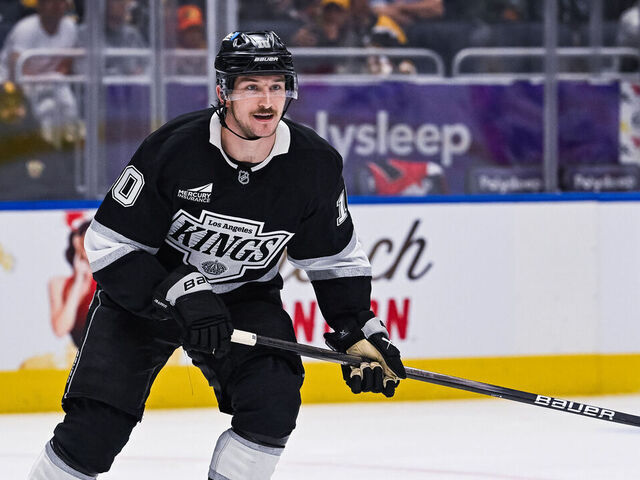 QUEBEC CITY, CANADA - OCTOBER 03: Tanner Jeannot #10 of the Los Angeles Kings skates during the third period in a pre-season NHL game at Videotron Centre on October 03, 2024 in Quebec City, Quebec, Canada.
