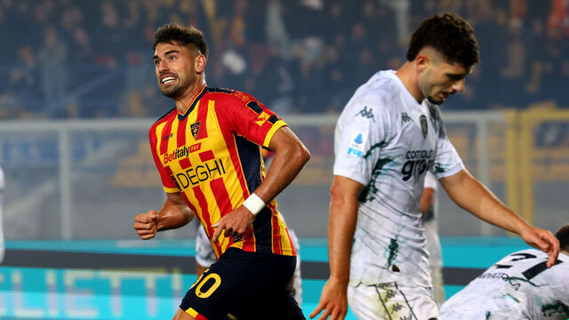 LECCE, ITALY - NOVEMBER 08: Santiago Pierotti of Lecce celebrates after scoring his team's equlizing goal during the Serie A match between Lecce and Empoli at Stadio Via del Mare on November 08, 2024 in Lecce, Italy.