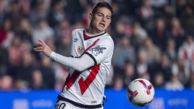 James Rodriguez of Rayo Vallecano is in action with the ball during the La Liga EA Sports 2024/25 football match between Rayo Vallecano and UD Las Palmas at Estadio de Vallecas in Madrid, Spain, on November 8, 2024.