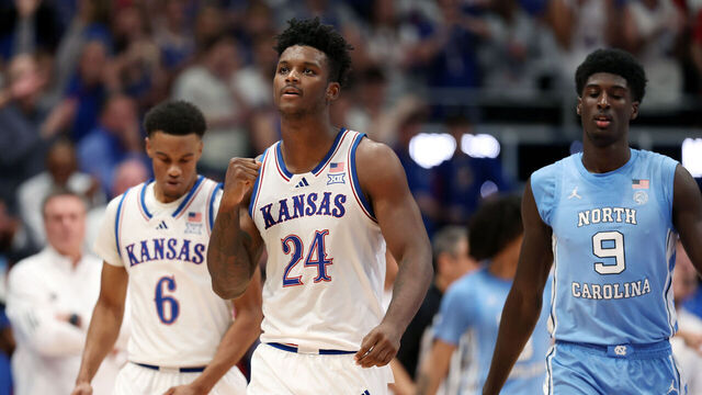 LAWRENCE, KANSAS - NOVEMBER 08: KJ Adams Jr. #24 of the Kansas Jayhawks reacts after drawing a foul during the first half of the game against the North Carolina Tar Heels at Allen Fieldhouse on November 08, 2024 in Lawrence, Kansas.