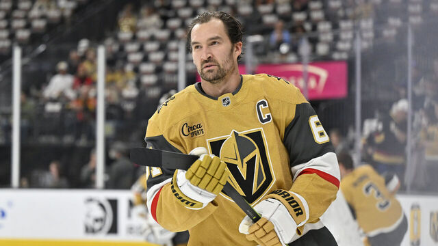 LAS VEGAS, NEVADA - NOVEMBER 02: Mark Stone #61 of the Vegas Golden Knights warms up prior to a game against the Utah Hockey Club at T-Mobile Arena on November 02, 2024 in Las Vegas, Nevada.