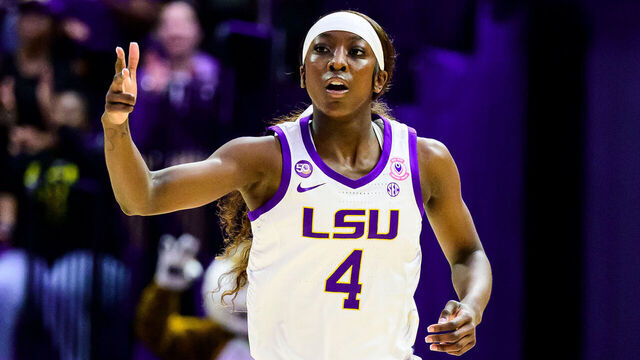 BATON ROUGE, LOUISIANA - NOVEMBER 4: Flau'jae Johnson #4 of the LSU Tigers in action against the Eastern Kentucky Colonels at the Pete Maravich Assembly Center on November 4, 2024 in Baton Rouge, Louisiana.