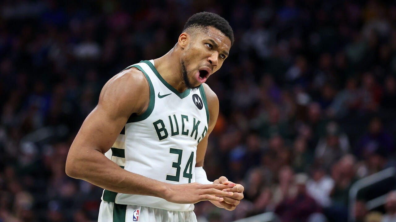MILWAUKEE, WISCONSIN - NOVEMBER 07: Giannis Antetokounmpo #34 of the Milwaukee Bucks reacts to a score during the second half of a game against the Utah Jazz at Fiserv Forum on November 07, 2024 in Milwaukee, Wisconsin.