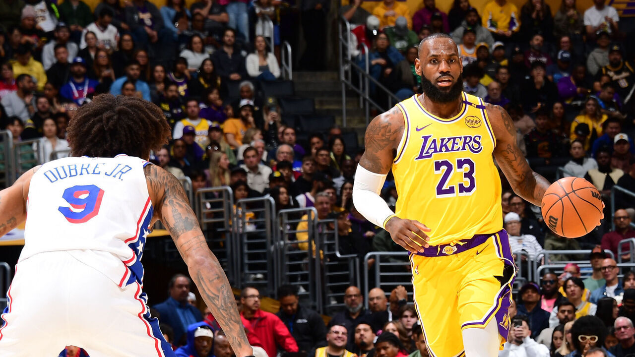 LOS ANGELES, CA - NOVEMBER 8: LeBron James #23 of the Los Angeles Lakers dribbles the ball during the game against the Philadelphia 76ers on Novemberr 8, 2024 at Crypto.Com Arena in Los Angeles, California. NOTE TO USER: User expressly acknowledges and agrees that, by downloading and/or using this Photograph, user is consenting to the terms and conditions of the Getty Images License Agreement. Mandatory Copyright Notice: Copyright 2024 NBAE