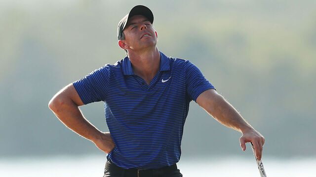 ABU DHABI, UNITED ARAB EMIRATES - NOVEMBER 09: Rory McIlroy of Northern Ireland reacts to a missed putt on the 18th green on day three of the Abu Dhabi HSBC Championship 2024 at Yas Links Golf Course on November 09, 2024 in Abu Dhabi, United Arab Emirates.