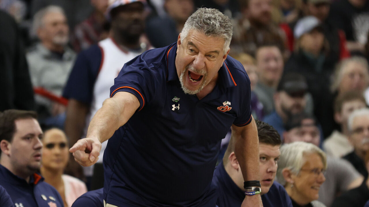 SPOKANE, WASHINGTON - MARCH 22: Head coach Bruce Pearl of the Auburn Tigers reacts during the second half against the Yale Bulldogs in the first round of the NCAA Men's Basketball Tournament at Spokane Veterans Memorial Arena on March 22, 2024 in Spokane, Washington.