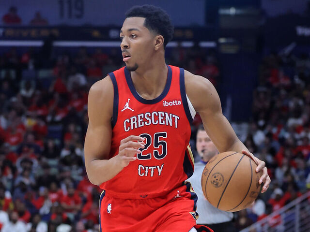 NEW ORLEANS, LOUISIANA - APRIL 16: Trey Murphy III #25 of the New Orleans Pelicans drives with the ball against the Los Angeles Lakers during a play-in tournament game at the Smoothie King Center on April 16, 2024 in New Orleans, Louisiana.