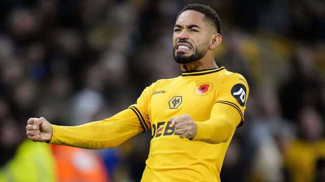 Wolverhampton Wanderers' Matheus Cunha celebrates scoring his sides second goal during the Premier League match at Molineux, Wolverhampton. Picture date: Saturday November 9, 2024.