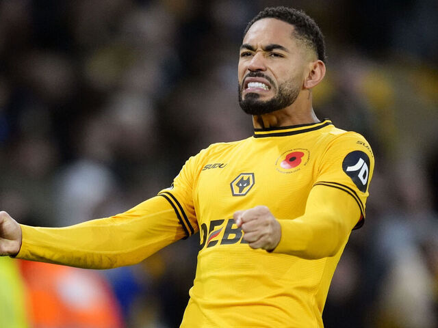 Wolverhampton Wanderers' Matheus Cunha celebrates scoring his sides second goal during the Premier League match at Molineux, Wolverhampton. Picture date: Saturday November 9, 2024.