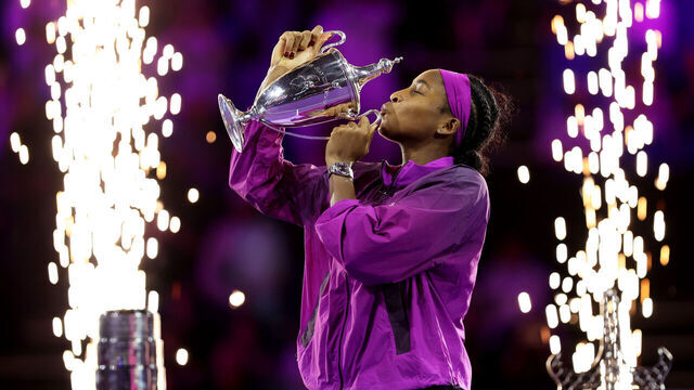 RIYADH, SAUDI ARABIA - NOVEMBER 09: Coco Gauff of the United States kisses the Billie Jean King Trophy after her three set victory against Qinwen Zheng of China in their Women's Singles Final match during Day 8 of the 2024 WTA Finals Riyadh as part of the Hologic WTA Tour at King Saud University Indoor Arena on November 09, 2024 in Riyadh, Saudi Arabia.