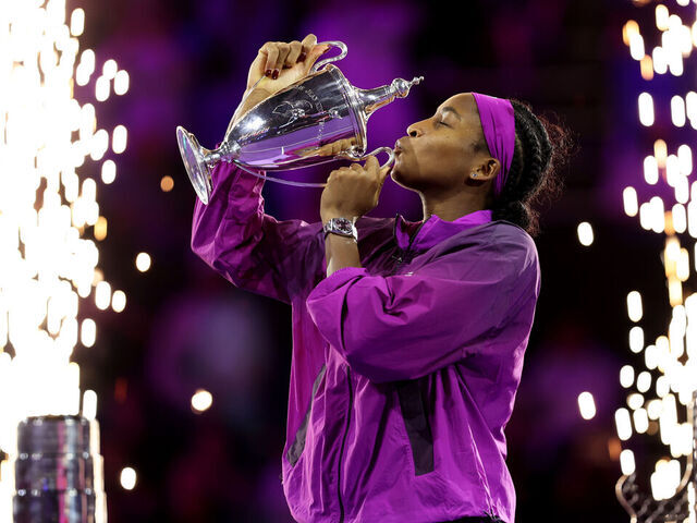 RIYADH, SAUDI ARABIA - NOVEMBER 09: Coco Gauff of the United States kisses the Billie Jean King Trophy after her three set victory against Qinwen Zheng of China in their Women's Singles Final match during Day 8 of the 2024 WTA Finals Riyadh as part of the Hologic WTA Tour at King Saud University Indoor Arena on November 09, 2024 in Riyadh, Saudi Arabia.