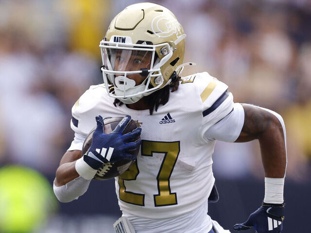 ATLANTA, GEORGIA - NOVEMBER 9: Chad Alexander #27 of the Georgia Tech Yellow Jackets rushes during the second quarter against the Miami Hurricanes at Bobby Dodd Stadium on November 9, 2024 in Atlanta, Georgia.