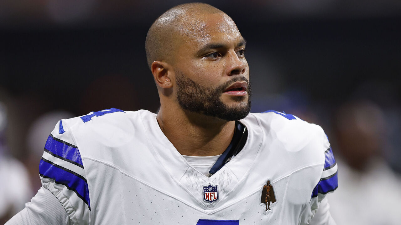 ATLANTA, GEORGIA - NOVEMBER 3: Dak Prescott #4 of the Dallas Cowboys looks on during the third quarter against the Atlanta Falcons at Mercedes-Benz Stadium on November 3, 2024 in Atlanta, Georgia.