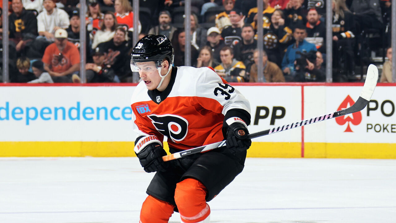 PHILADELPHIA, PENNSYLVANIA - NOVEMBER 02: Matvei Michkov #39 of the Philadelphia Flyers skates against the Boston Bruins at the Wells Fargo Center on November 2, 2024 in Philadelphia, Pennsylvania.