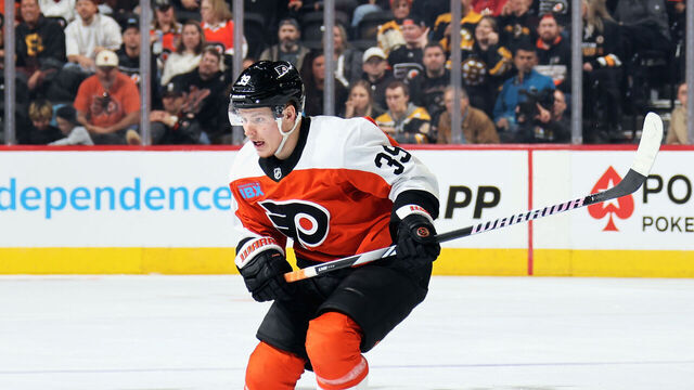 PHILADELPHIA, PENNSYLVANIA - NOVEMBER 02: Matvei Michkov #39 of the Philadelphia Flyers skates against the Boston Bruins at the Wells Fargo Center on November 2, 2024 in Philadelphia, Pennsylvania.
