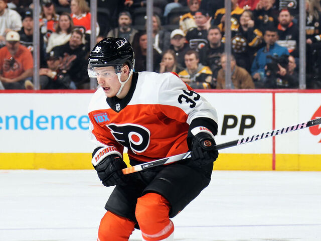 PHILADELPHIA, PENNSYLVANIA - NOVEMBER 02: Matvei Michkov #39 of the Philadelphia Flyers skates against the Boston Bruins at the Wells Fargo Center on November 2, 2024 in Philadelphia, Pennsylvania.