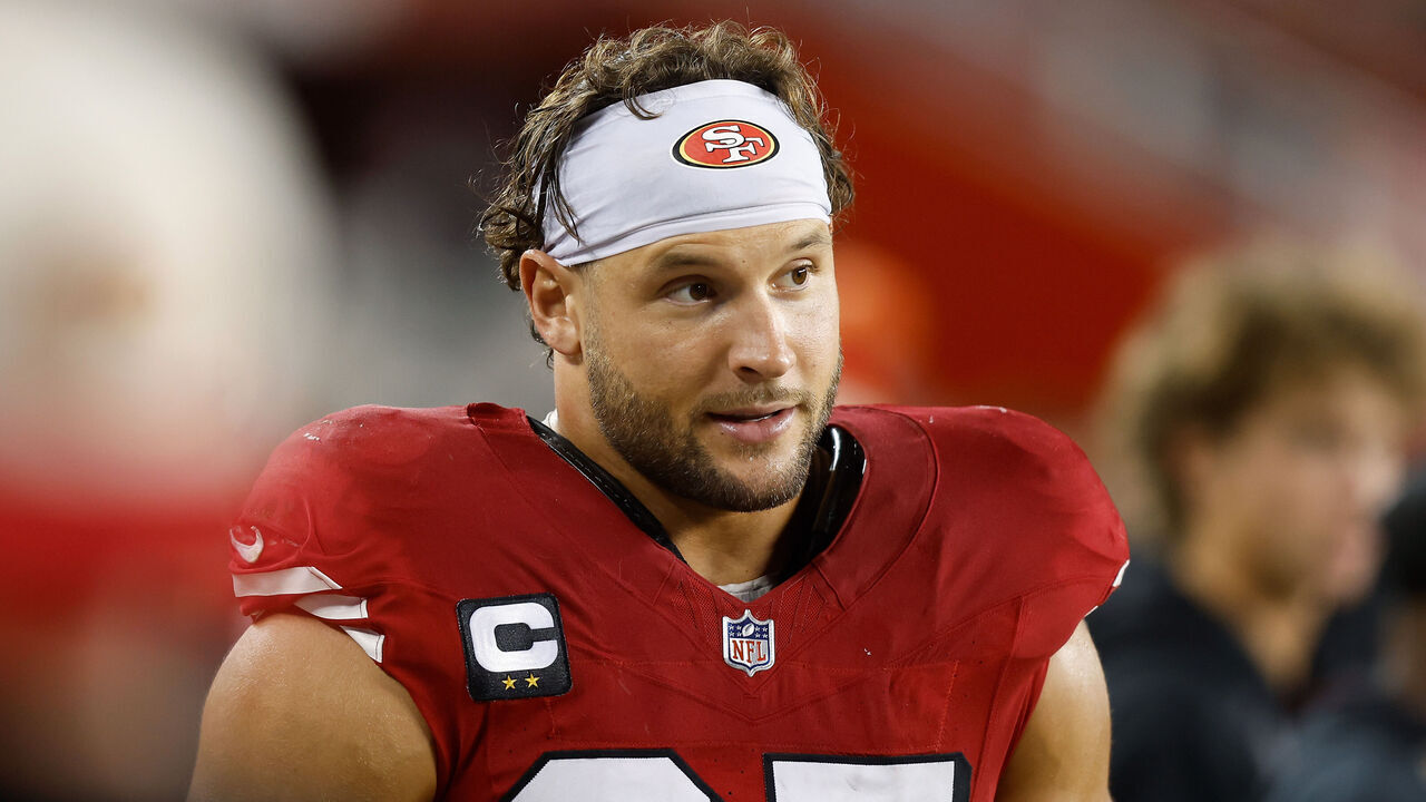 SANTA CLARA, CALIFORNIA - OCTOBER 27: Nick Bosa #97 of the San Francisco 49ers looks on from the sideline during the game \ at Levi's Stadium on October 27, 2024 in Santa Clara, California.