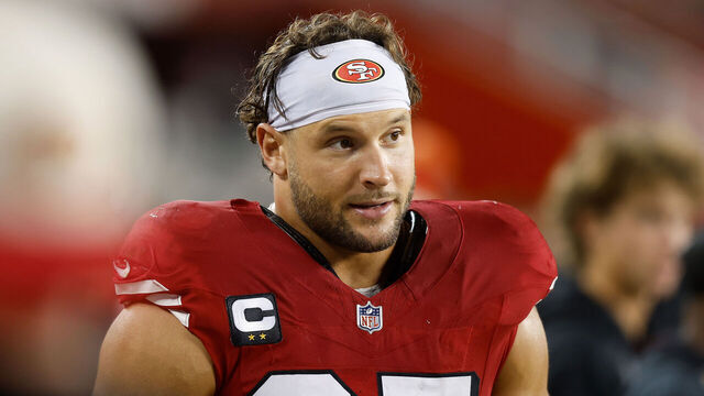 SANTA CLARA, CALIFORNIA - OCTOBER 27: Nick Bosa #97 of the San Francisco 49ers looks on from the sideline during the game \ at Levi's Stadium on October 27, 2024 in Santa Clara, California.