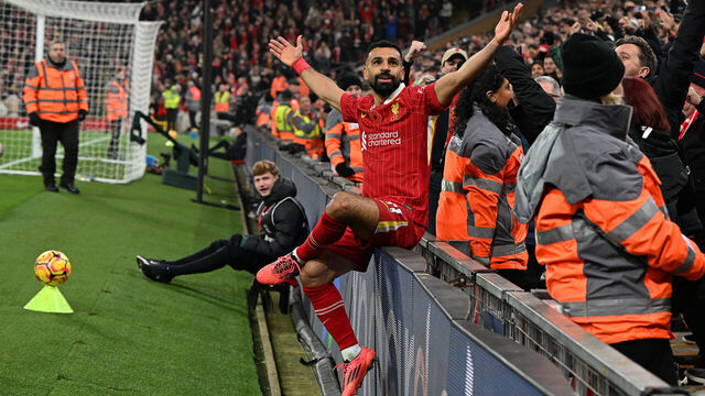 LIVERPOOL, ENGLAND - NOVEMBER 09: (THE SUN OUT, THE SUN ON SUNDAY OUT) Mohamed Salah of Liverpool celebrating after scoring the second goal during the Premier League match between Liverpool FC and Aston Villa FC at Anfield on November 09, 2024 in Liverpool, England.