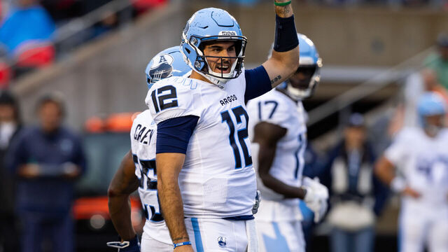 OTTAWA, ON - SEPTEMBER 07: Toronto Argonauts quarterback Chad Kelly (12) before the snap during Canadian Football League action between the Toronto Argonauts and Ottawa Redblacks on September 7, 2024, at TD Place at Lansdowne Park in Ottawa, ON, Canada.