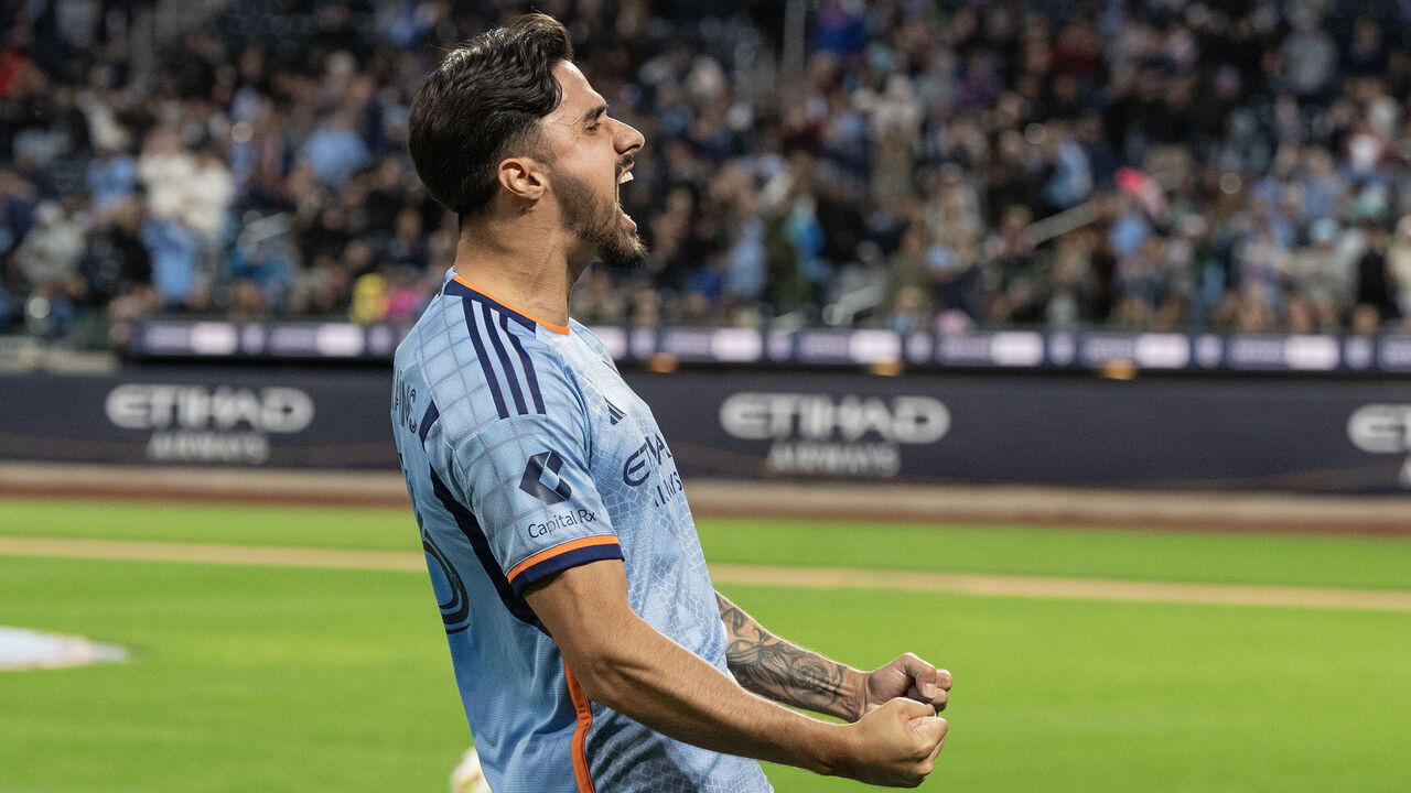 NEW YORK, UNITED STATES - 2024/11/02: Thiago Martins (13) of NYCFC celebrates scoring a winning game goal during Audi 2024 MLS Cup playoffs 1st round 2nd game match between NYCFC and FC Cincinnati at Citi Field. NYCFC won 3 - 1 and forced a decider - game 3 back in Cincinnati as the winner from the 1st round will be determined in best of three games.
