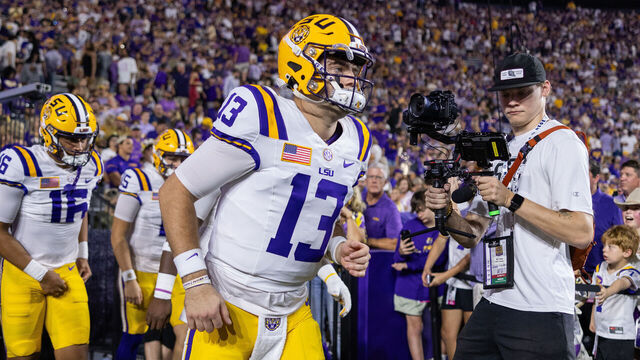 BATON ROUGE, LOUISIANA - NOVEMBER 09: Garrett Nussmeier #13 of the LSU Tigers enters the field before game against the Alabama Crimson Tide at Tiger Stadium on November 9, 2024 in Baton Rouge, Louisiana.