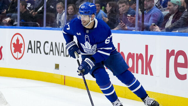 TORONTO, ON - NOVEMBER 5: Max Pacioretty #67 of the Toronto Maple Leafs skates with the puck against the Boston Bruins at the Scotiabank Arena on November 5, 2024 in Toronto, Ontario, Canada.