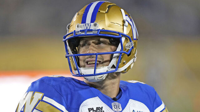 HAMILTON, CANADA - OCTOBER 4: Zach Collaros #8 of the Winnipeg Blue Bombers looks back at the scoreboard during a game against the Hamilton Tiger-Cats at Tim Hortons Field on October 4, 2024 in Hamilton, Canada.