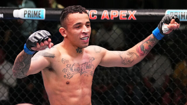 LAS VEGAS, NEVADA - NOVEMBER 09: Carlos Prates of Brazil reacts after a knockout victory against Neil Magny in a welterweight fight during the UFC Fight Night event at UFC APEX on November 09, 2024 in Las Vegas, Nevada.