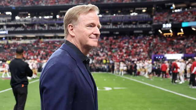 LAS VEGAS, NEVADA - FEBRUARY 11: NFL Commissioner Roger Goodell reacts before Super Bowl LVIII between the San Francisco 49ers and Kansas City Chiefs at Allegiant Stadium on February 11, 2024 in Las Vegas, Nevada.
