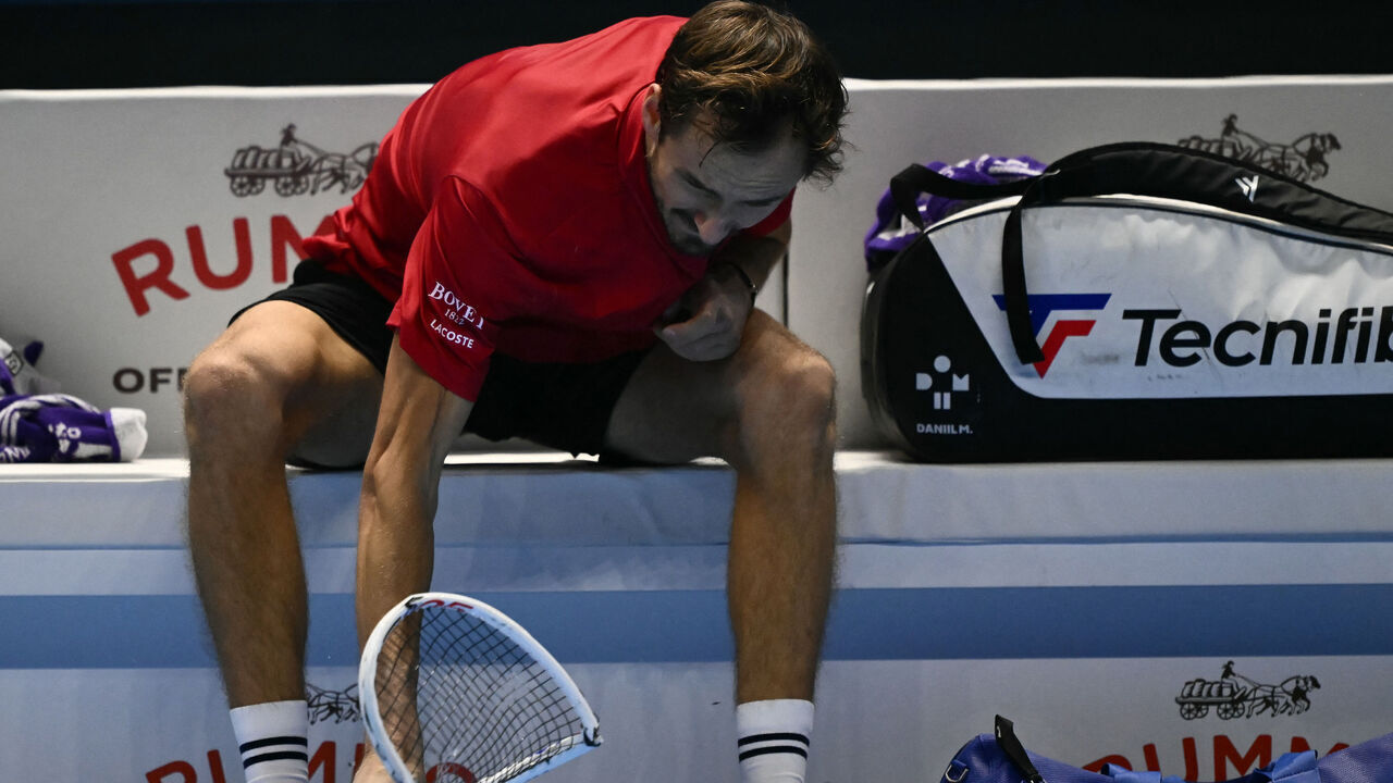 Russia's Daniil Medvedev reacts breaking a racket during his match against USA's Taylor Fritz at the ATP Finals tennis tournament in Turin on November 10, 2024.