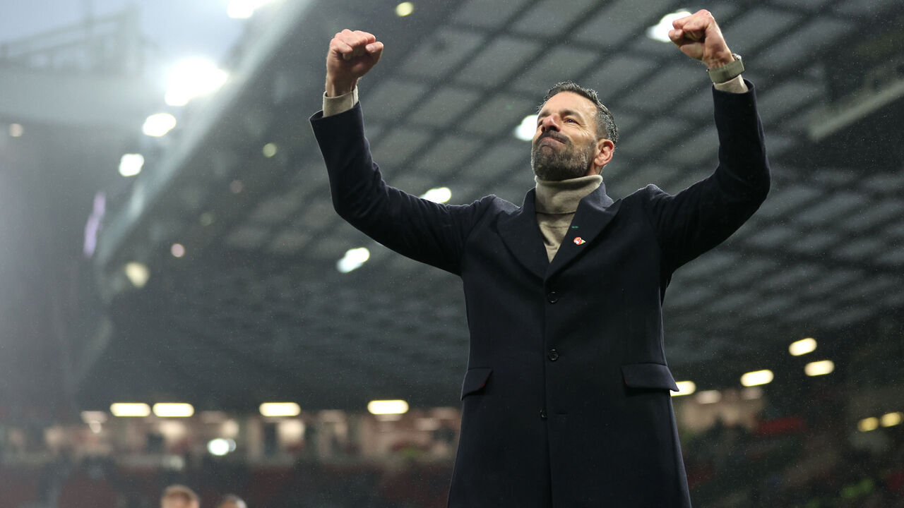 MANCHESTER, ENGLAND - NOVEMBER 10: Ruud van Nistelrooy, Interim Head Coach of Manchester United, celebrates after the team's victory in the Premier League match between Manchester United FC and Leicester City FC at Old Trafford on November 10, 2024 in Manchester, England.