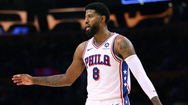 LOS ANGELES, CALIFORNIA - NOVEMBER 08: Paul George #8 of the Philadelphia 76ers reacts after a 76ers foul during a 116-106 Los Angeles Lakers win at Crypto.com Arena on November 08, 2024 in Los Angeles, California.