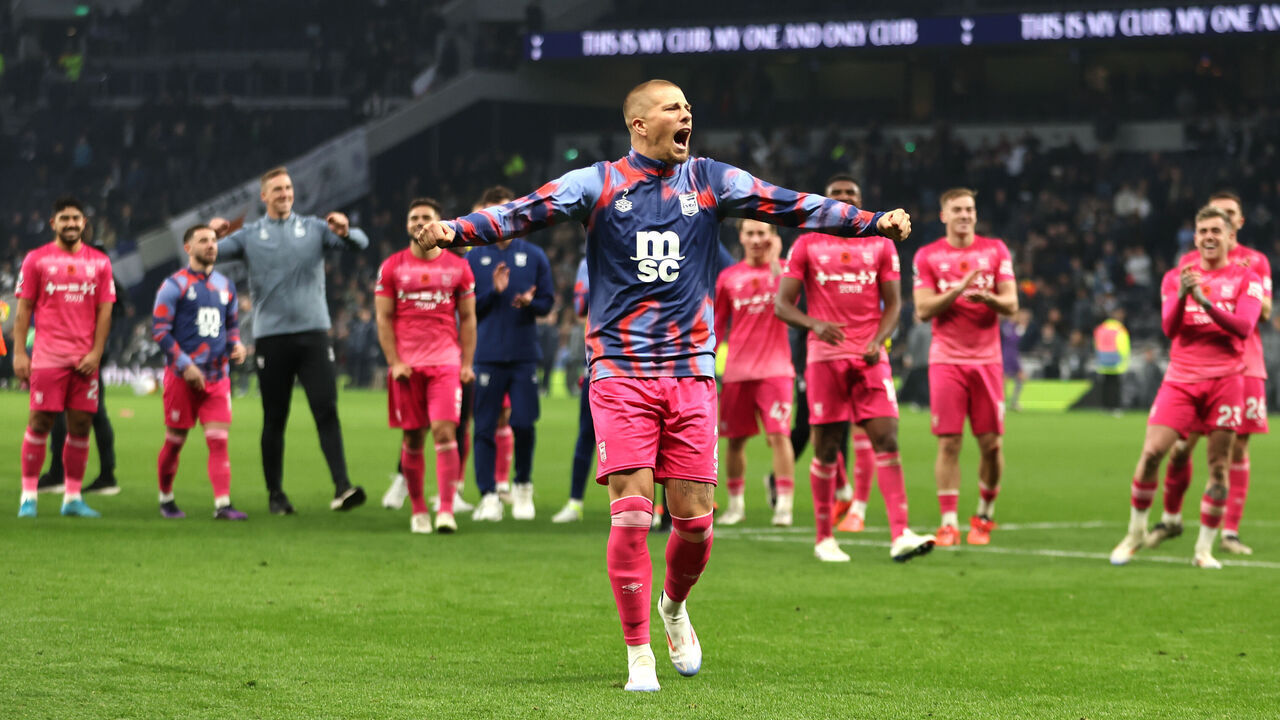 Ipswich Town's Harry Clarke and team-mates celebrate victory after the final whistle in the Premier League match at Tottenham Hotspur Stadium, London. Picture date: Sunday November 10, 2024.