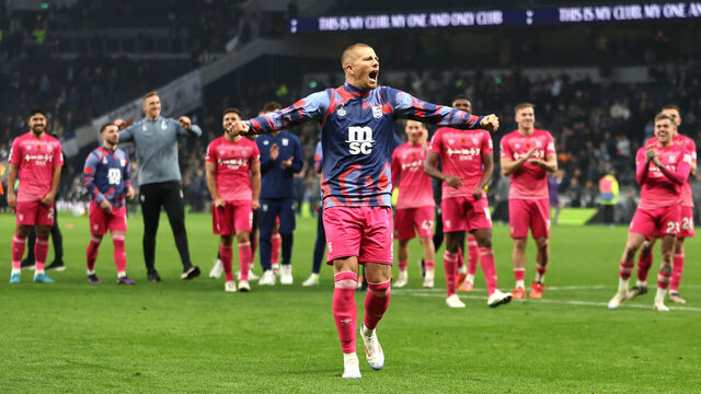 Ipswich Town's Harry Clarke and team-mates celebrate victory after the final whistle in the Premier League match at Tottenham Hotspur Stadium, London. Picture date: Sunday November 10, 2024.
