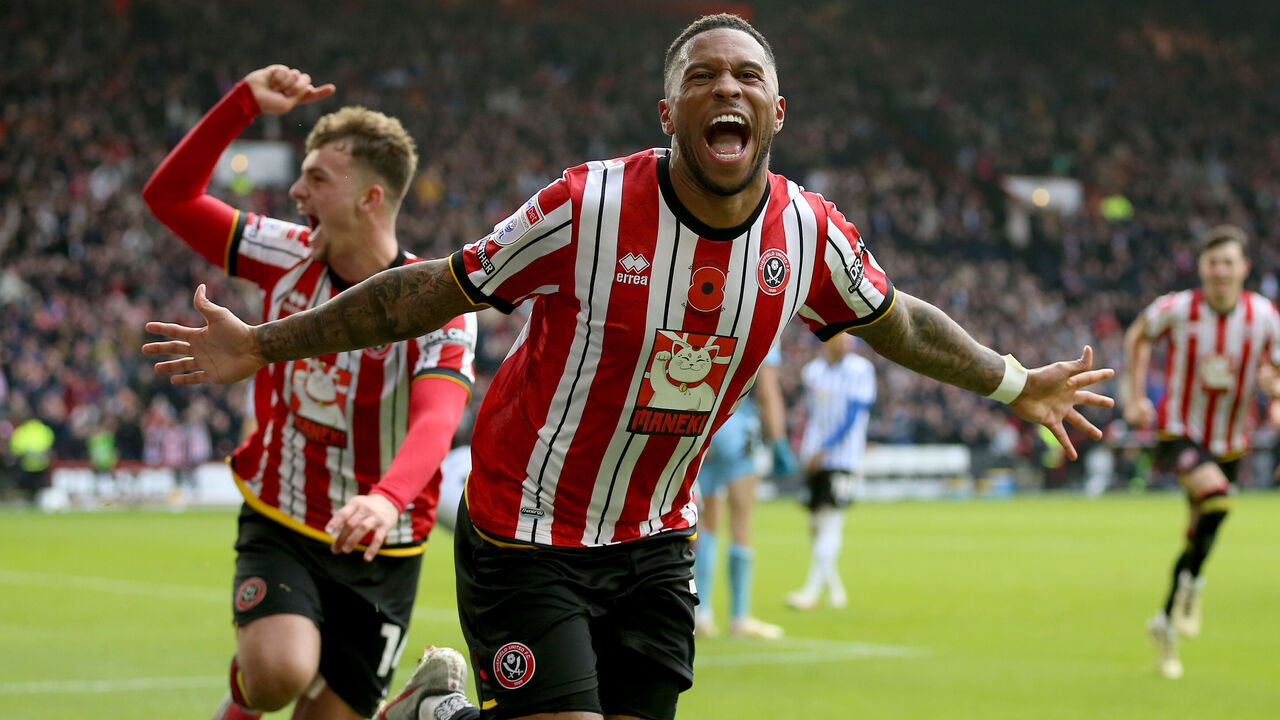 Sheffield United's Tyrese Campbell celebrates scoring their side's first goal of the game during the Sky Bet Championship match at Bramhall Lane, Sheffield. Picture date: Sunday November 10, 2024.