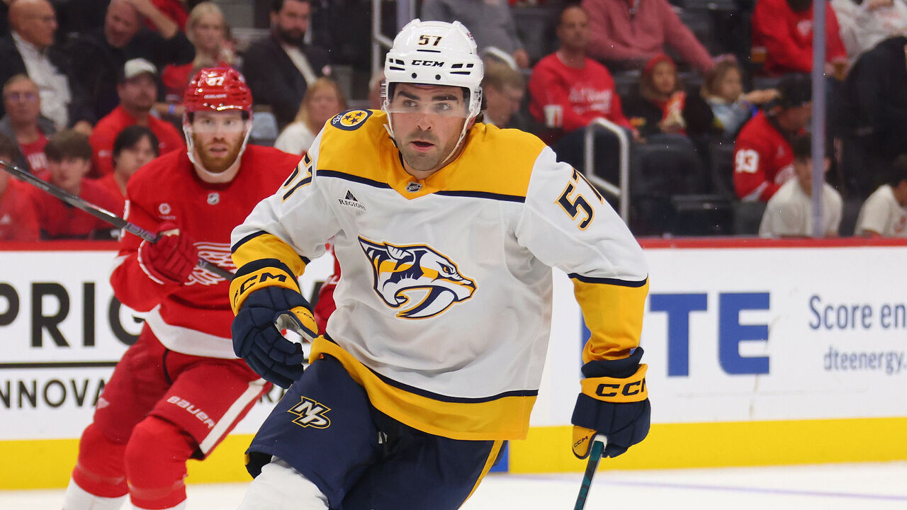 DETROIT, MICHIGAN - OCTOBER 12: Dante Fabbro #57 of the Nashville Predators plays against the Detroit Red Wings at Little Caesars Arena on October 12, 2024 in Detroit, Michigan.